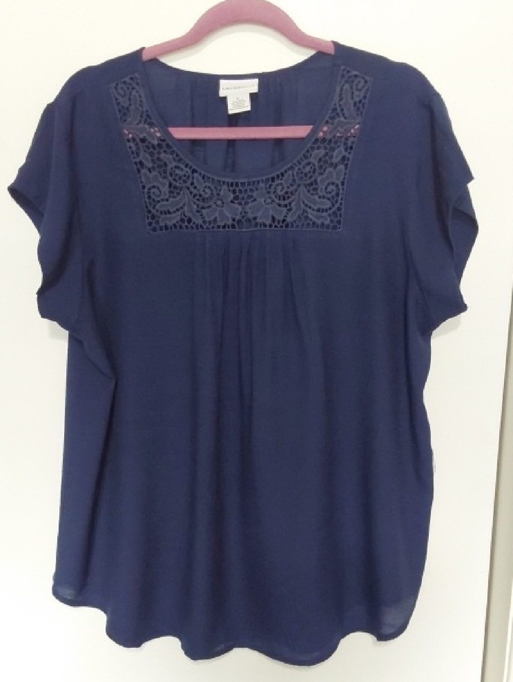 Liz Claiborne Navy Crochet Yoke Short Sleeve Blouse
